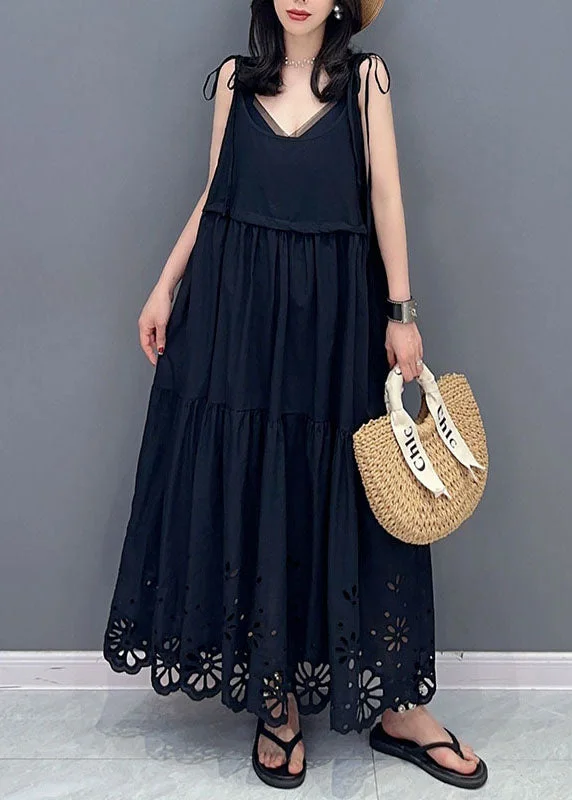 Fashion Black Hollow Out Lace Up Patchwork Cotton Dresses Sleeveless Romantic Date - Night Ensemble