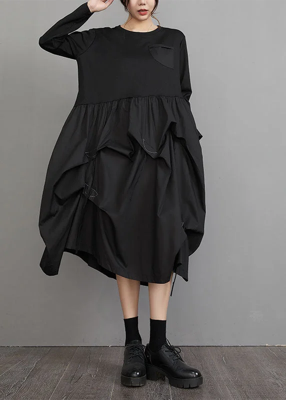 Casual Black O-Neck Wrinkled Patchwork Maxi Lantern Dresses Long Sleeve Summer Essentials