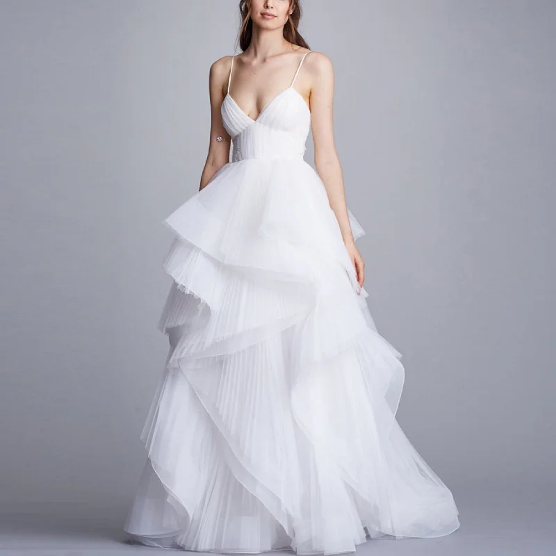 Spaghetti Straps V-neck Wedding Dress with Layered Tulle Spring Fling Sale