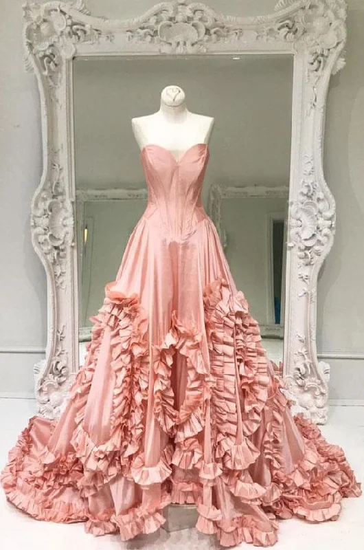 Modest Ball Gown Strapless Pink Taffeta Long Prom Dress Evening Dresses With Ruffles C2041 Feminine Soft - Hued Styles