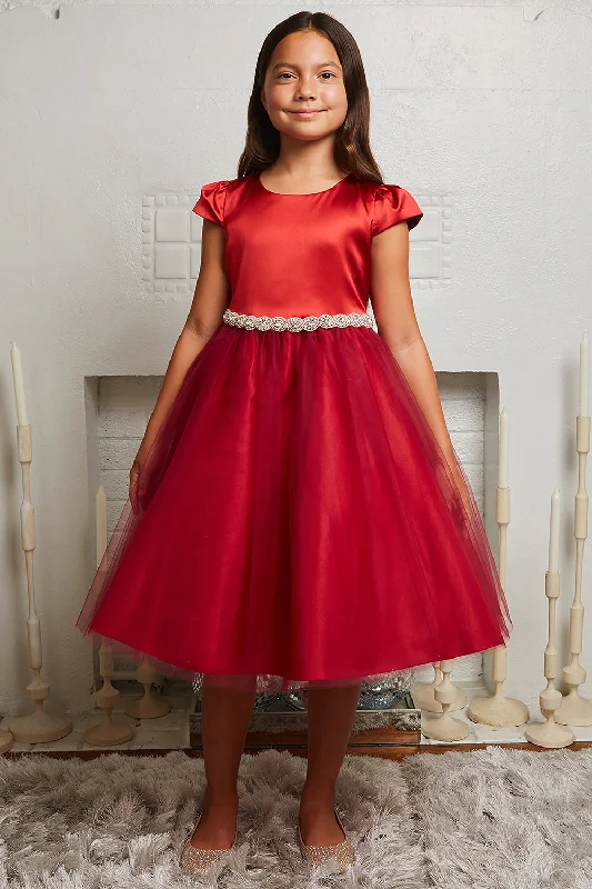 Big Girls Red Satin Tulle Rhinestone Christmas Dress 8-14 End Of Season Sale