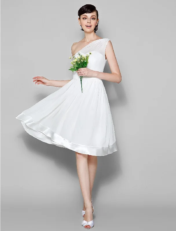 A-Line One Shoulder Knee Length Georgette Bridesmaid Dress with Sash / Ribbon Mid - Week Surprise