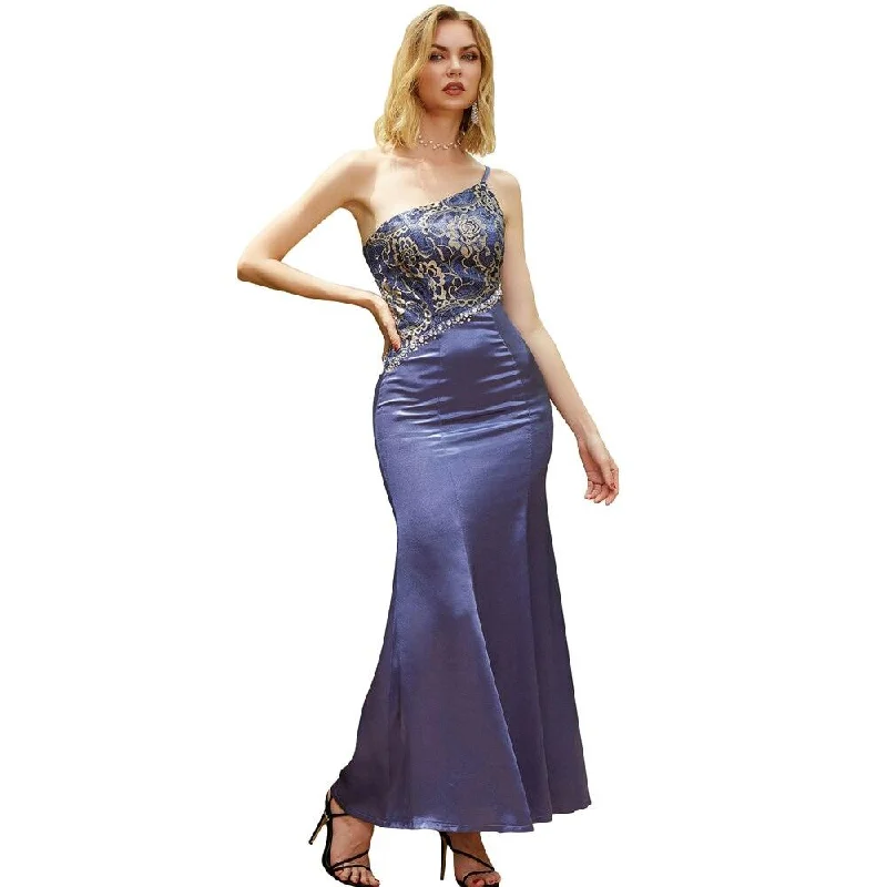 One Shoulder Embroidery Splicing Satin Lace Up Evening Dress Blue 520 Anniversary Sale