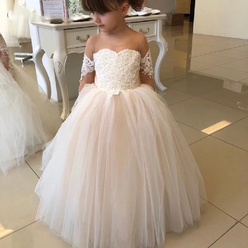 Cute A-line Long Sleeves Lace Tulle Illusion Flower Girl Dresses FG154 Parisian Effortless Chic Style