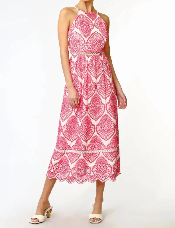 Amelia Halter Embroidered Midi Dress In Flamingo Summer Essentials