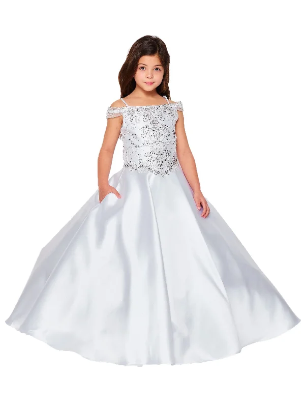 Little Girls White Rhinestone Crepe Satin Off Shoulder Ball Gown 2-6 Great Deals On Ethnic Cultural Wear