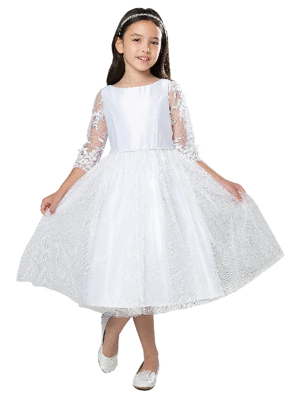 Little Girls White Flower Lace Sleeve Satin Crystal Tulle Flower Girl Dress 2-6 Grab Romantic Date - Night Styles Now