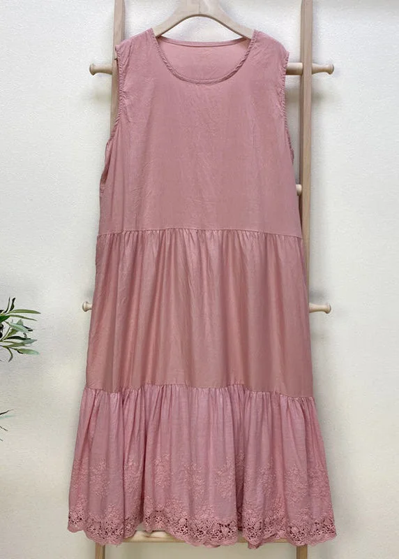 Simple Pink Embroideried Hollow Out Cotton Dress Sleeveless Limited - Stock