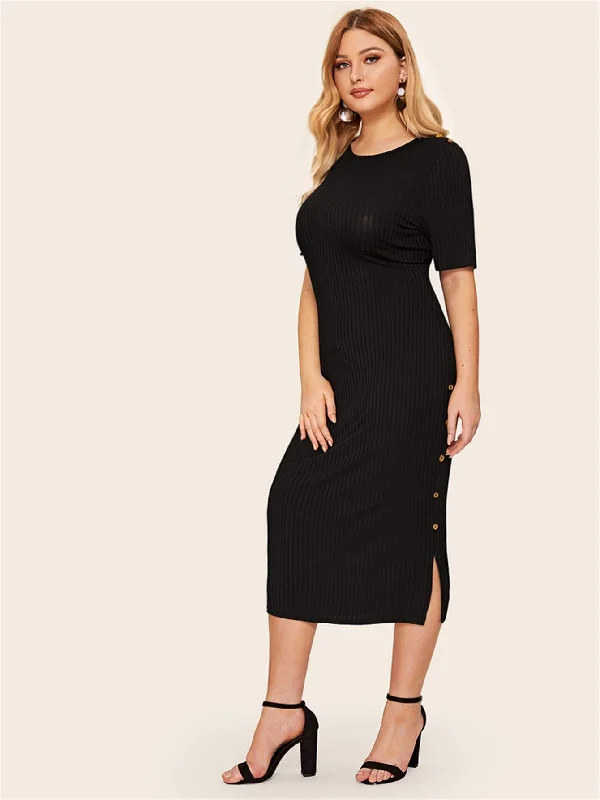 Plus Side Button Rib-knit Bodycon Dress Mid - Week Surprise