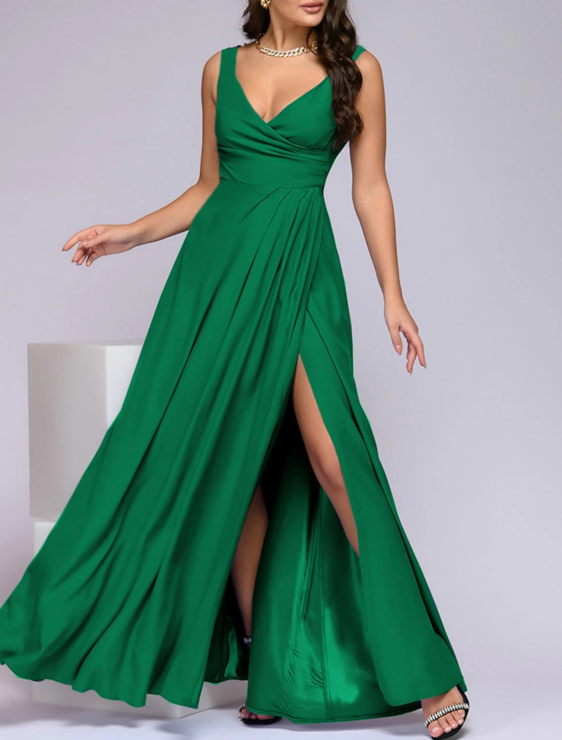 A-Line Bridesmaid Dress V Neck Sleeveless Elegant Floor Length Spandex with Split Front / Ruching Limited - Stock