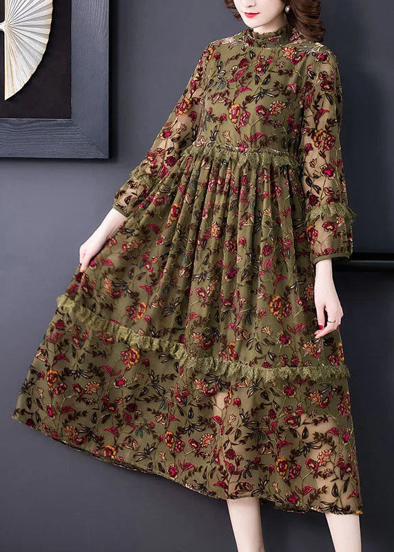 Plus Size Green Ruffled Patchwork Jacquard Fall Holiday Dress Long sleeve End - Of - Month Blowout