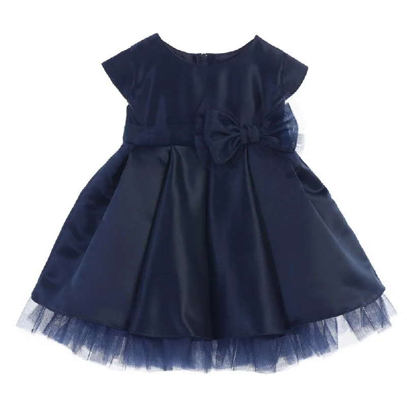 Baby Girls Navy Satin Full Pleated Bow Accent Christmas Dress 6-24M Spring Fashion