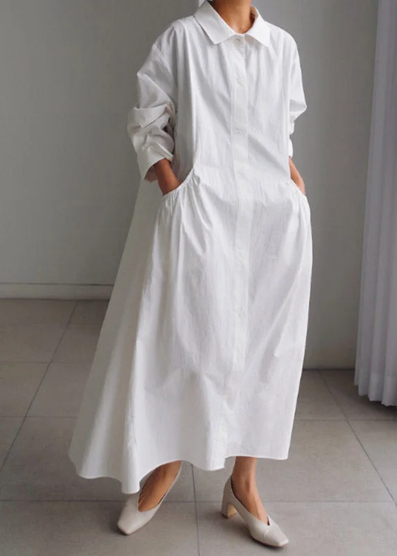 Boutique White Peter Pan Collar Button Cotton Dress Long Sleeve Parisian Effortless Chic Style