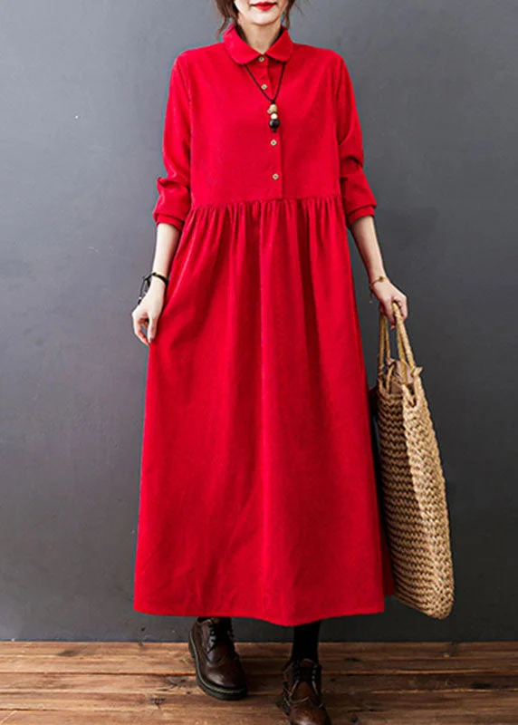 Red Drawstring Button Corduroy Holiday Long Dress Long Sleeve Playful Elegance