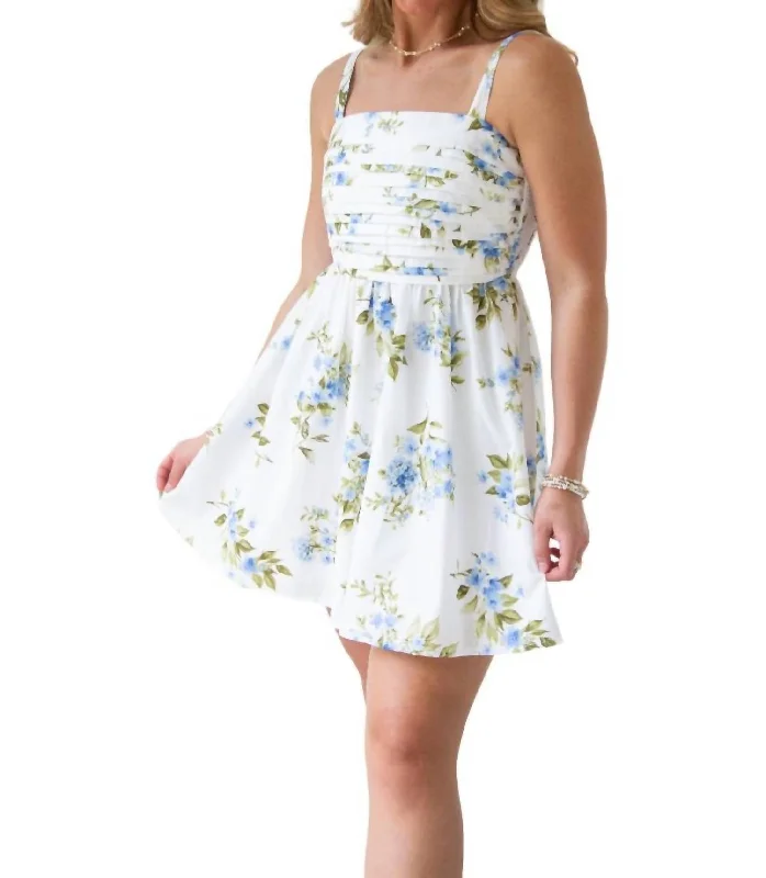 Floral Pleated Babydoll Sundress In Blue Elegant Contour