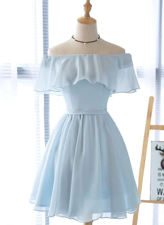 Beautiful Off Shoulder Simple Short Bridesmaid Dress, Lovely Blue Chiffon Party Dress Hollywood Glam Award - Show Style