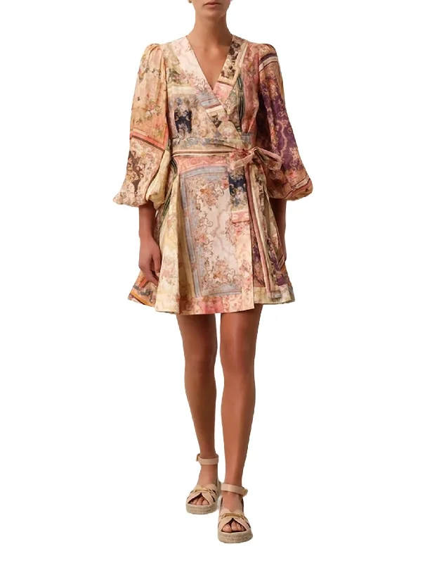 August Wrap Mini Dress In Patch Floral Ethnic Cultural Event Wear