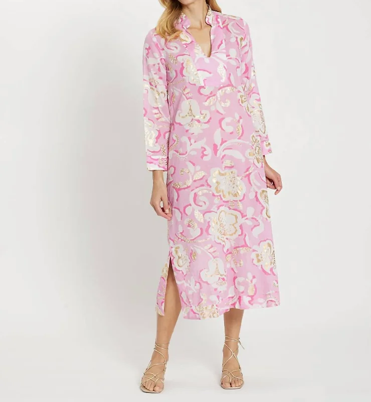 Lyra Dress Cotton Voile In Grand Floral Pink/gold Effortless Sophistication