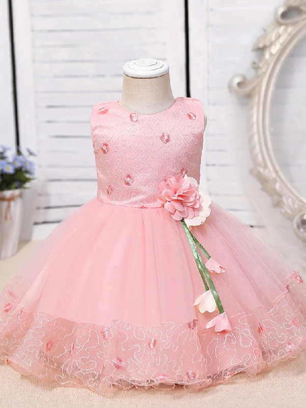 Pink Jewel Neck Sleeveless Polyester Cotton Tulle Flowers Kids Party Dresses Tropical Island - Inspired Attire