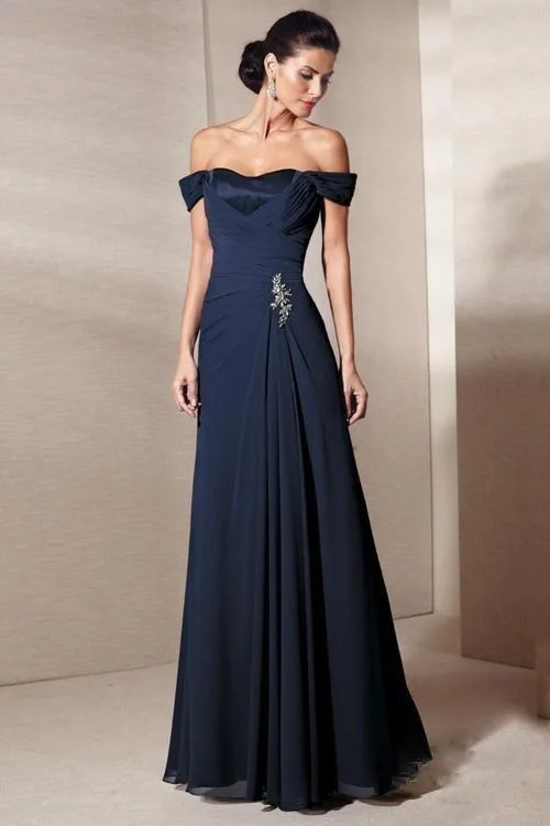 Elegant Women's Clothing Online Alyce Paris - Mother of the Bride - 29300 Draped Off-Shoulder Rhinestone Brooch Accent A-Line Gown - 1 pc Navy In Size 8 Available Elegant Women's Clothing Online Alyce Paris - Mother of the Bride - 29300 Draped Off-Shoulder Rhinestone Brooch Accent A-Line Gown - 1 pc Navy In Size 8 Available