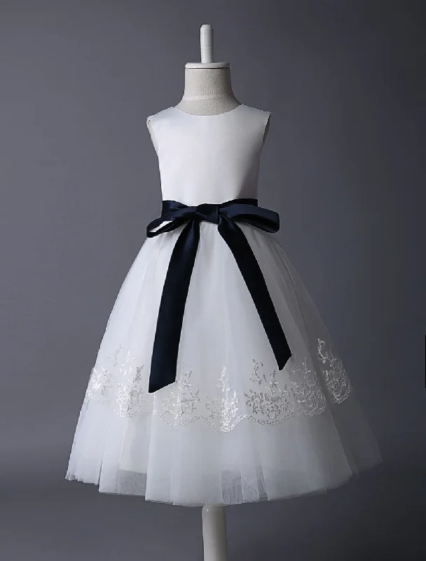 Ivory Tulle flower girl dress With Lace Applique And Navy Blue Sash Cottagecore Rustic Charm Style