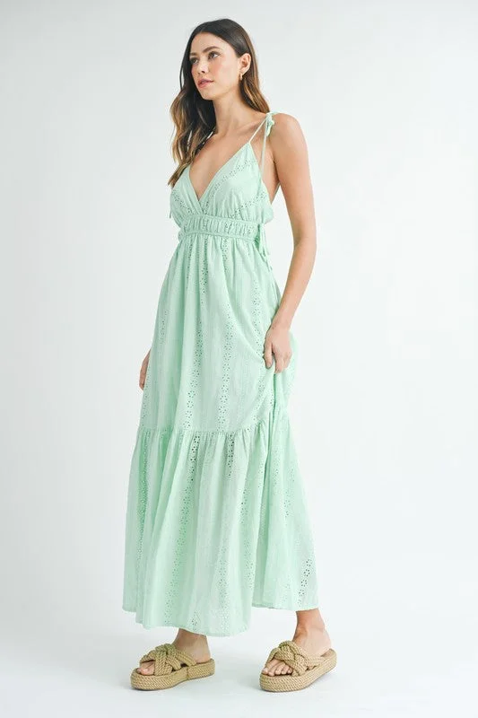 Kinsley Sleeveless Shoulder Tie Eyelet Maxi Dress Mint Classic Timeless Elegant Style