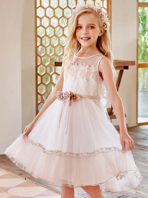 Champagne Jewel Neck Sleeveless Polyester Lace Tulle Flowers Kids Social Party Dresses Coastal Beach - Inspired Style