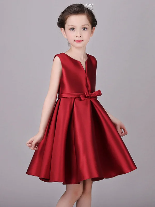 Designed Neckline Satin Fabric Sleeveless Short Princess Bows Kids Social Party Dresses Sophisticated Cut