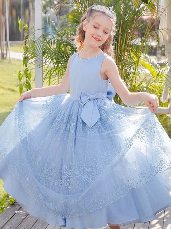 Baby Blue Jewel Neck Sleeveless Bows Lace Tulle Polyester Kids Social Party Dresses Fashion Sale