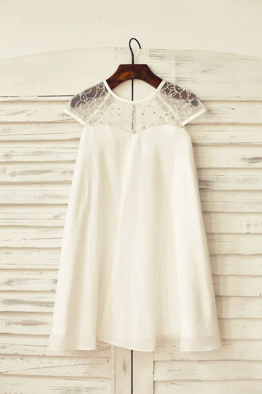 Boho Sheer Neck Ivory Chiffon Flower Girl Dress Save On Inspired Styles