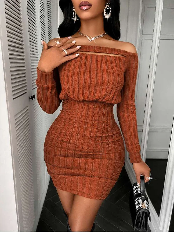 Hollow-out Striped Off Shoulder Mini Dress Limited Styles