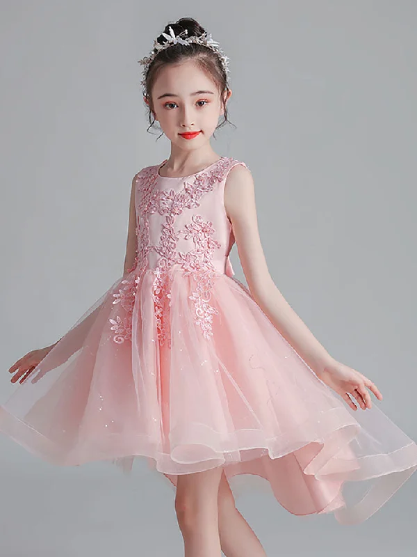 Pink Jewel Neck Sleeveless Lace Tulle Polyester Embroidered Kids Party Dresses Hollywood Glam Award - Show Style