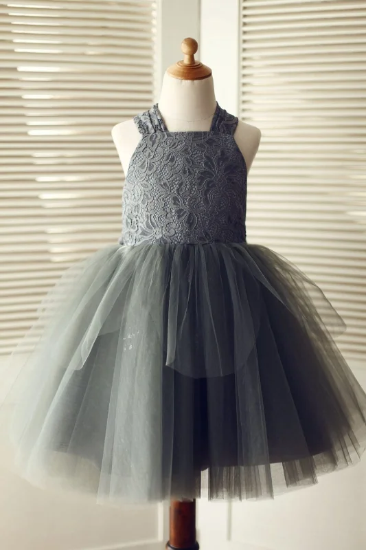 Backless Gray Lace Tulle Flower Girl Dress, Big Bow Contemporary Elegance