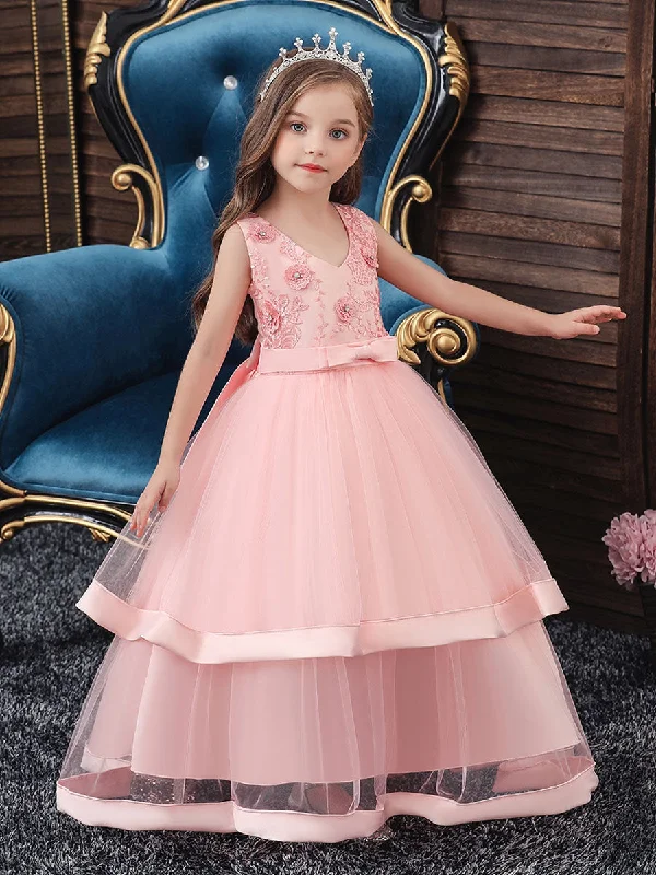 V Neck Polyester Cotton Sleeveless Ankle Length Princess Embroidered Kids Party Dresses Nordic Minimalist Home Look