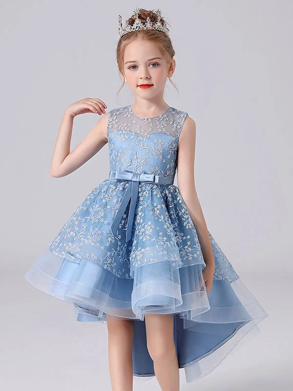 Blue Jewel Neck Sleeveless Short Princess Dress Sash Lace Kids Party Dresses Chic Urban Fashion Look