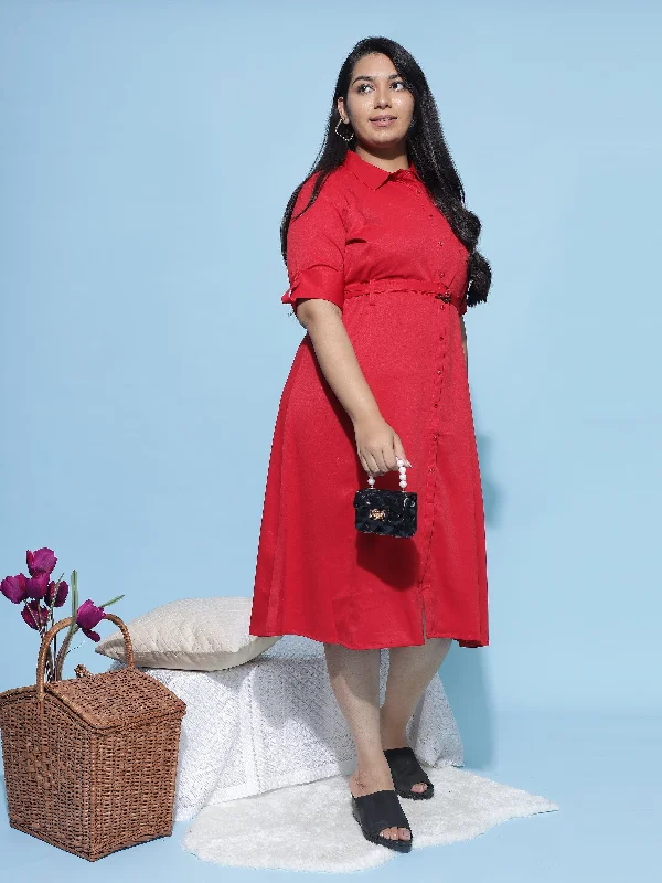 Polyester Collared Neck Red Plus Size Dresses India Today Only