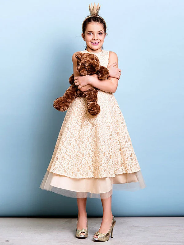 Champagne Golden Jewel Neck Sleeveless A-line Lace Kids Party Dresses Minimalist Office - Ready Style