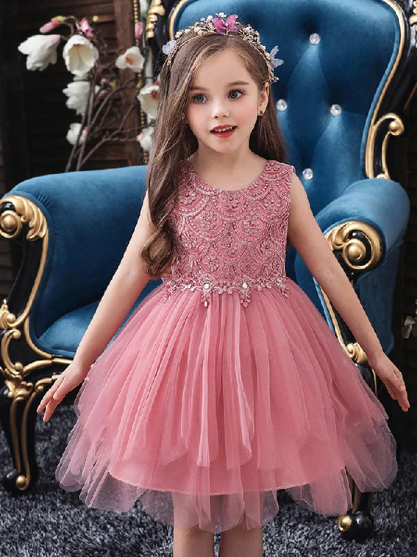 Jewel Neck Sleeveless Bows Formal Kids Pageant flower girl dresses Elegant Style