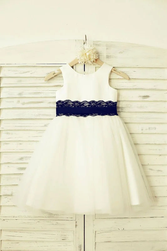 Ivory Satin Tulle Flower Girl Dress, Navy Blue Lace Sash Fashion Deal