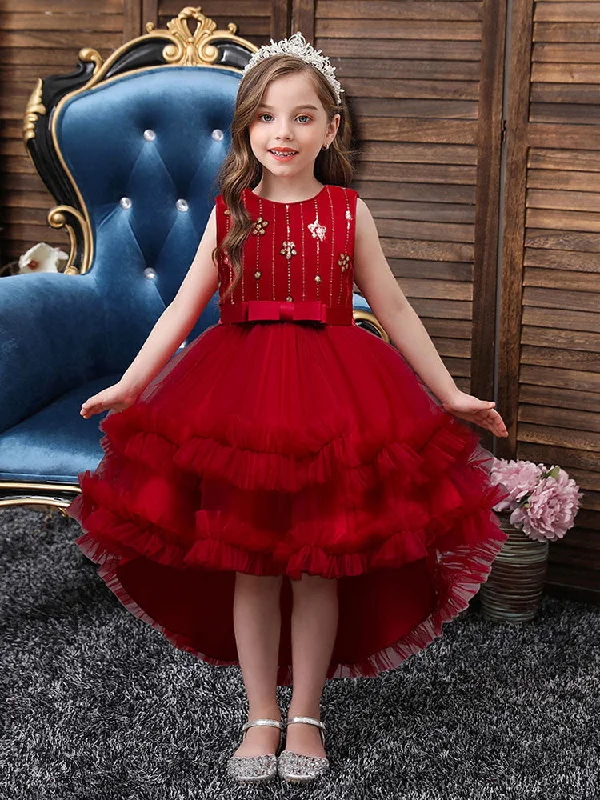 A-Line Jewel Neck Sleeveless Red Bows Polyester Sequined Tulle Polyester Cotton Kids Social Party Dresses Princess Dress Great Prices On Feminine Styles