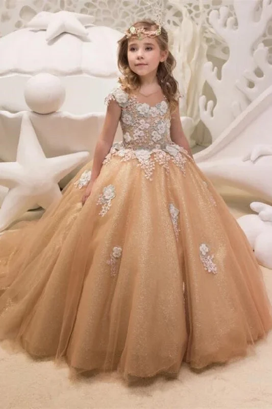 Ball Gown Round Collar Floor Length Court Tulle Applique Flower Girls Dress Fashion-Forward