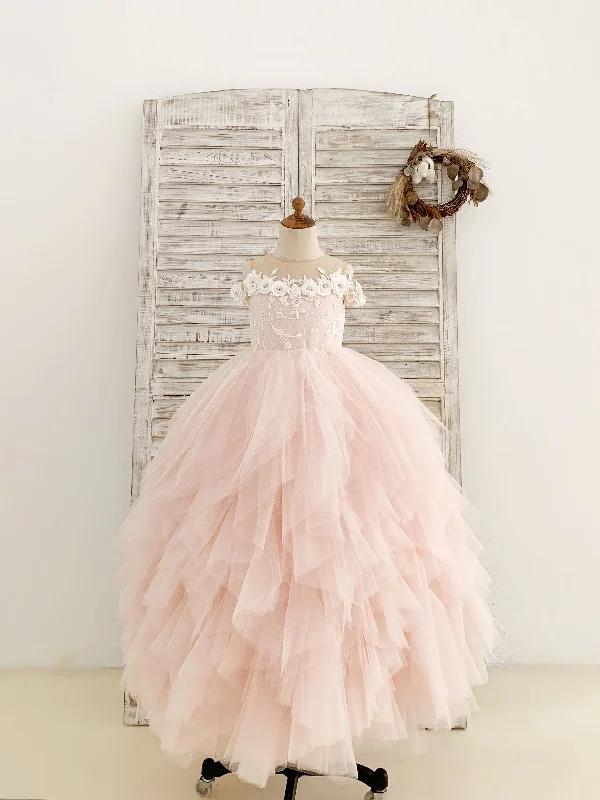 Ruffle Cold Shoulder Pink Tulle Floor Length Wedding Party Flower Girl Dress Final Clearance