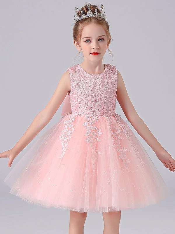 Pink Jewel Neck Lace Bows Formal Kids Pageant flower girl dresses Pastel Styles