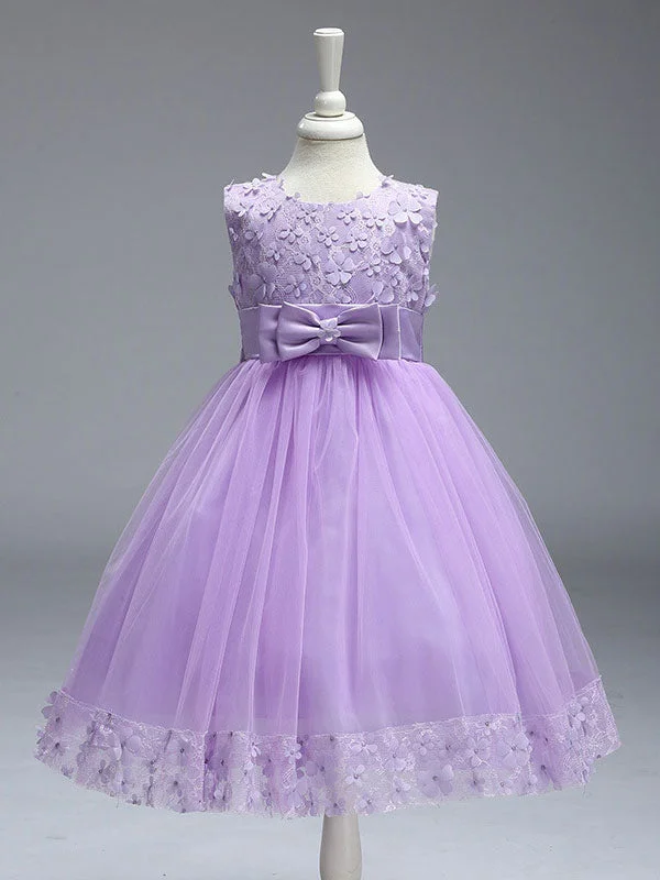 Princess Lilac Purple Lace Tulle Ribbon Bows Kids Tutu Party Dress Elegant Style