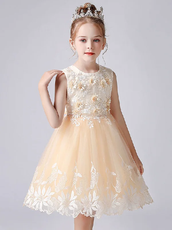 Champagne Color Jewel Neck Sleeveless Short Princess Lace Flowers Formal Kids Pageant flower girl dresses Limited Time Deal