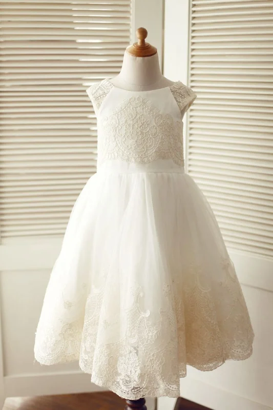 Cap Sleeves Champagne Lace Ivory Tulle Wedding Flower Girl Dress Chic Allure