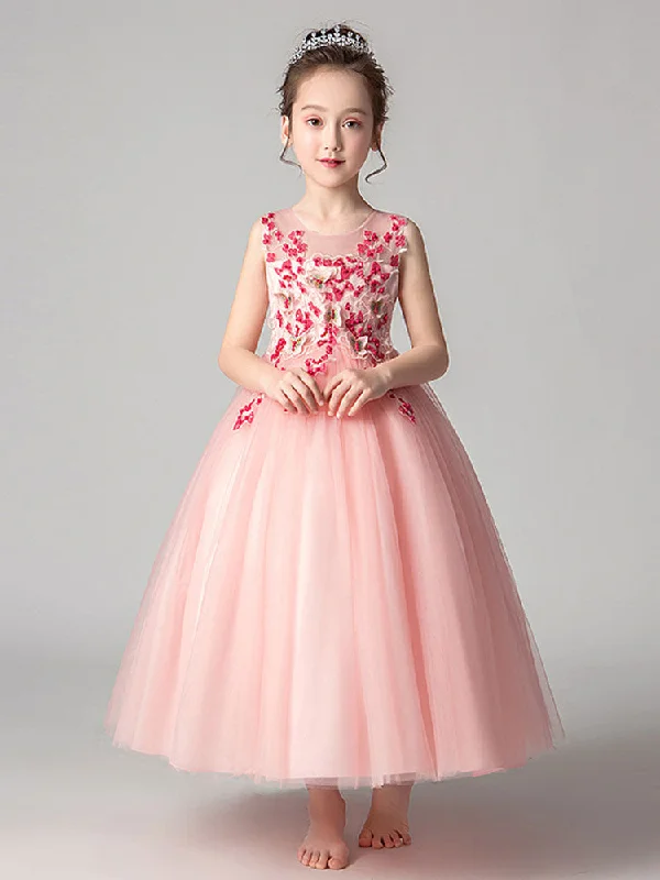 Jewel Neck Tulle Sleeveless Ankle Length Princess Flowers Kids Party Dresses Classic Charm