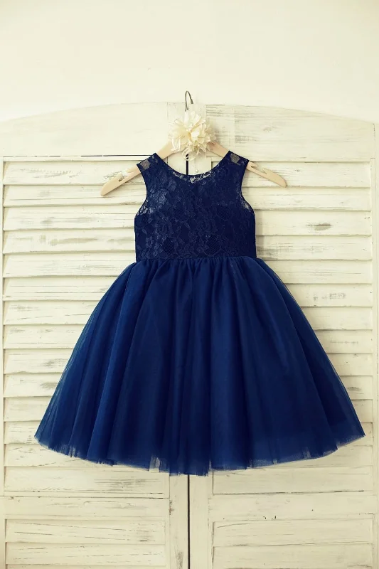 Sheer Neck Navy Blue/Blush/Champagne Lace Tulle Flower Girl Dress Last Chance Sale