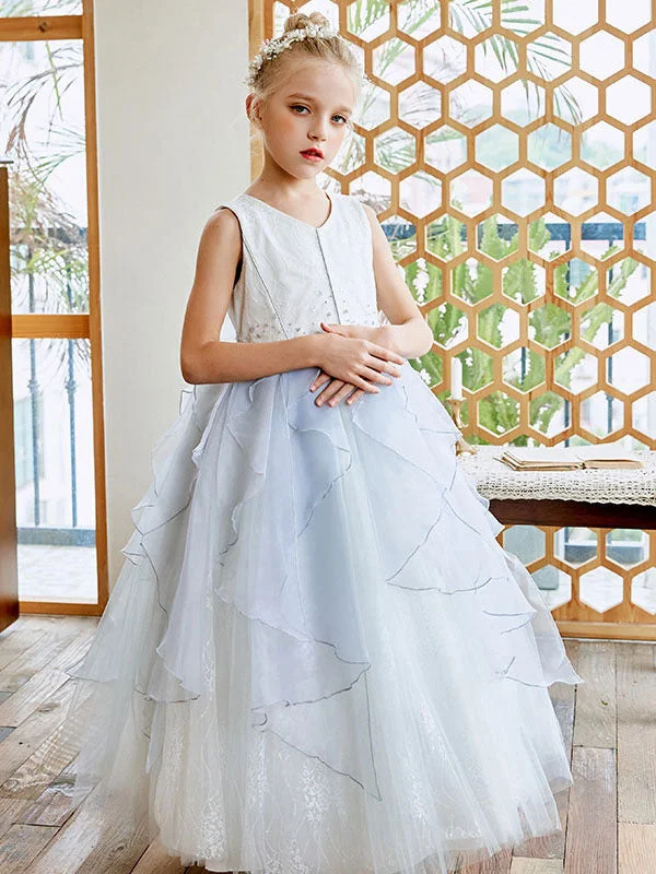 Sky Light Blue V-Neck Sleeveless Tulle Polyester Bows Kids Social Party Dresses Buy More, Save More