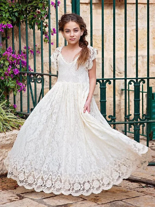 Ivory Jewel Neck Lace Short Sleeves Floor-Length A-Line Lace Kids Social Party Dresses Coastal Beach - Inspired Style